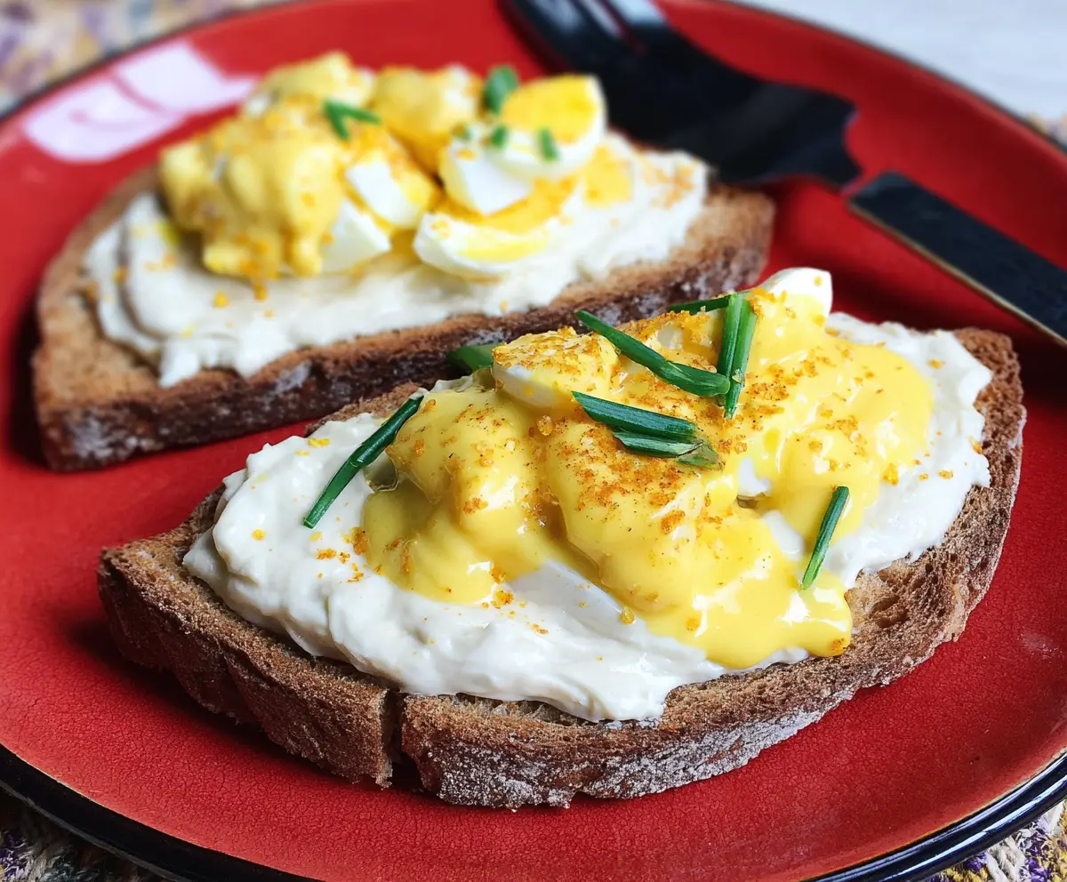 Creamed eggs on toasted bread served on a plate, perfect for breakfast or brunch.
