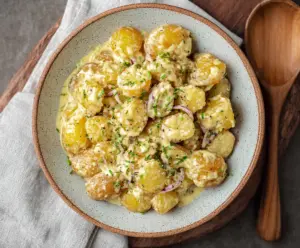 Creamy Mustard Potatoes served in a rustic bowl, showcasing golden roasted potatoes topped with a creamy mustard sauce.