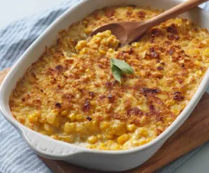 Delicious creamy scalloped corn dish served in a rustic bowl, perfect for family dinners.
