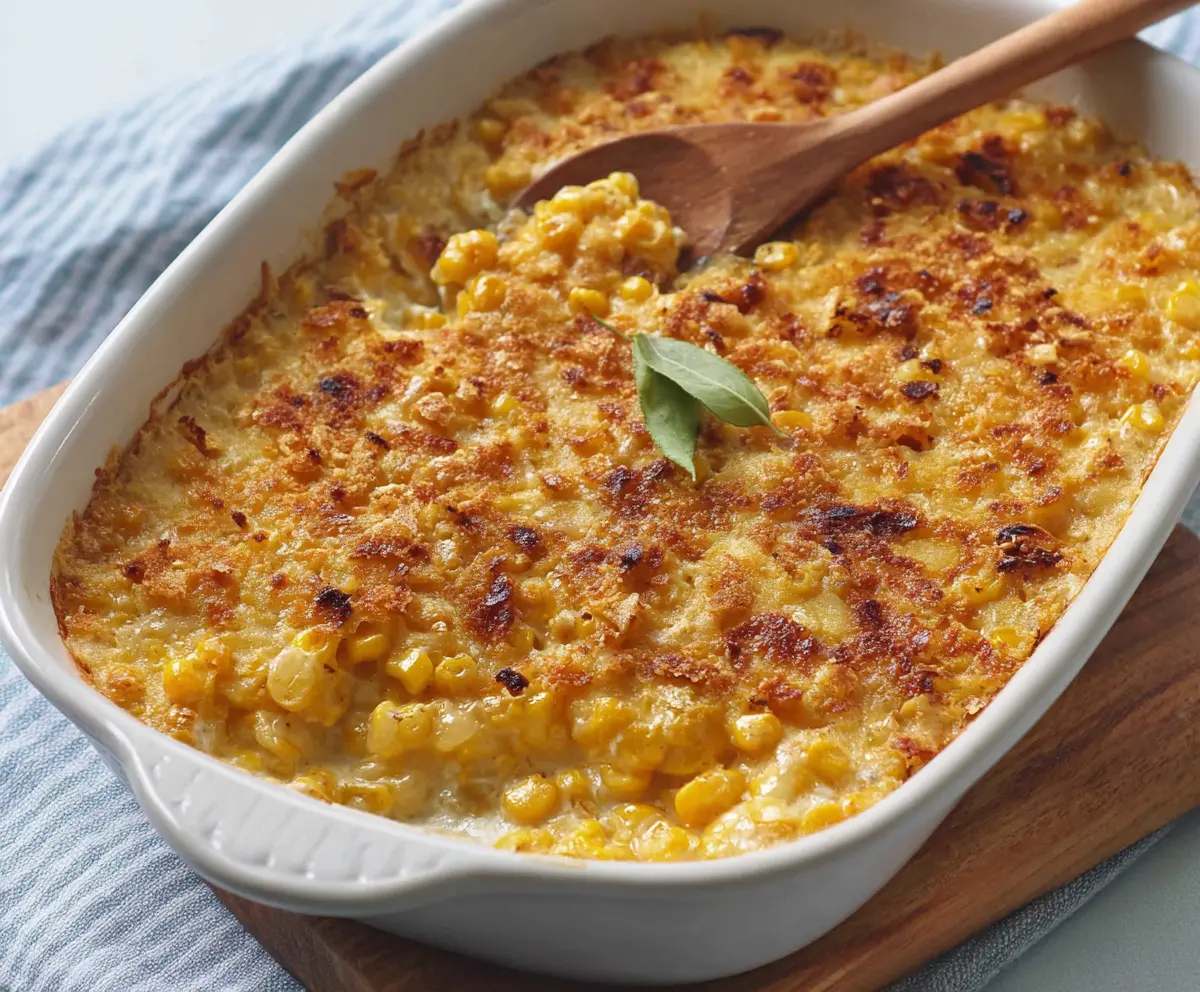 Delicious creamy scalloped corn dish served in a rustic bowl, perfect for family dinners.