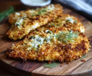Delicious Crispy Dill Pickle Parmesan Chicken served on a plate with fresh herbs.