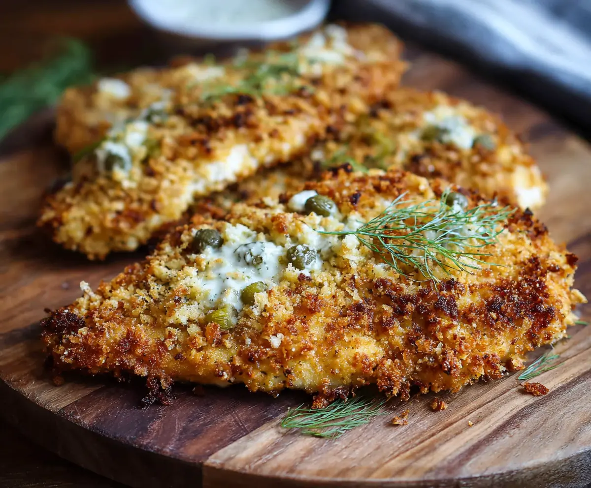 Delicious Crispy Dill Pickle Parmesan Chicken served on a plate with fresh herbs.