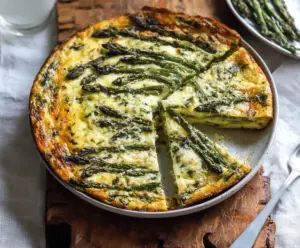 Delicious crustless asparagus quiche with fresh green asparagus and creamy filling on a white plate
