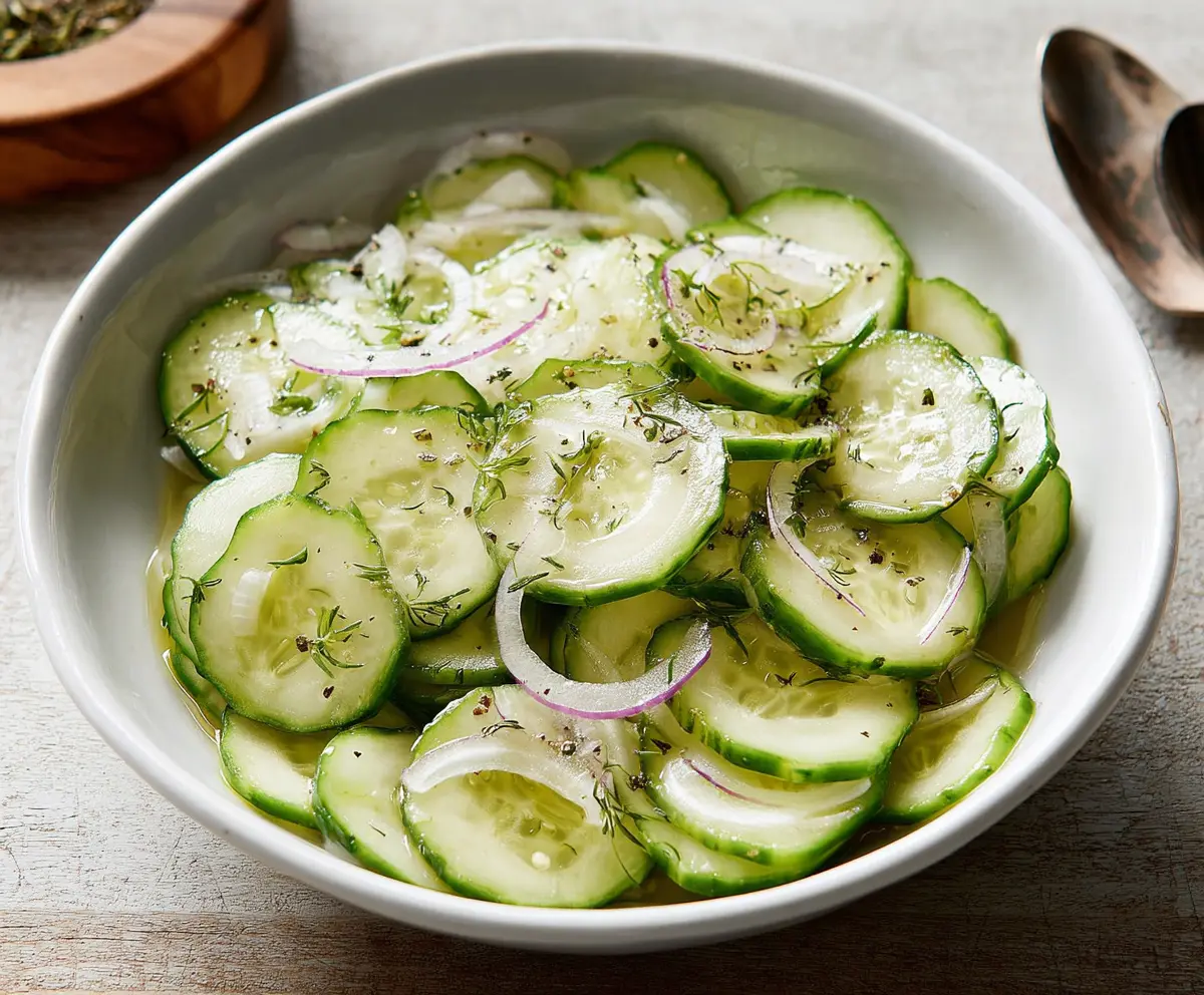 Fresh cucumber vinegar salad served in a bowl, highlighting a light and healthy appetizer.