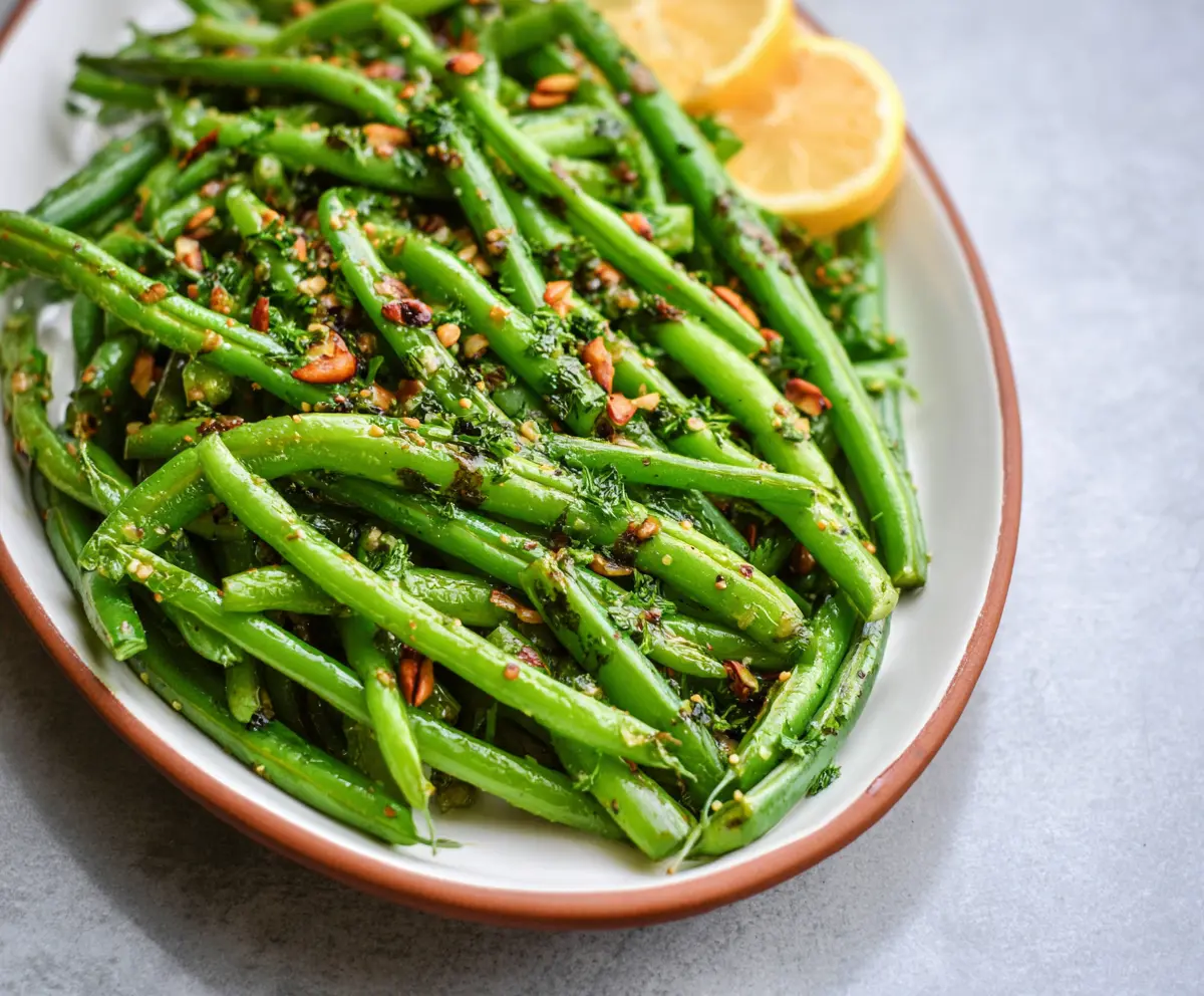Delicious Dijon Green Beans recipe with fresh green beans coated in a flavorful Dijon mustard sauce.