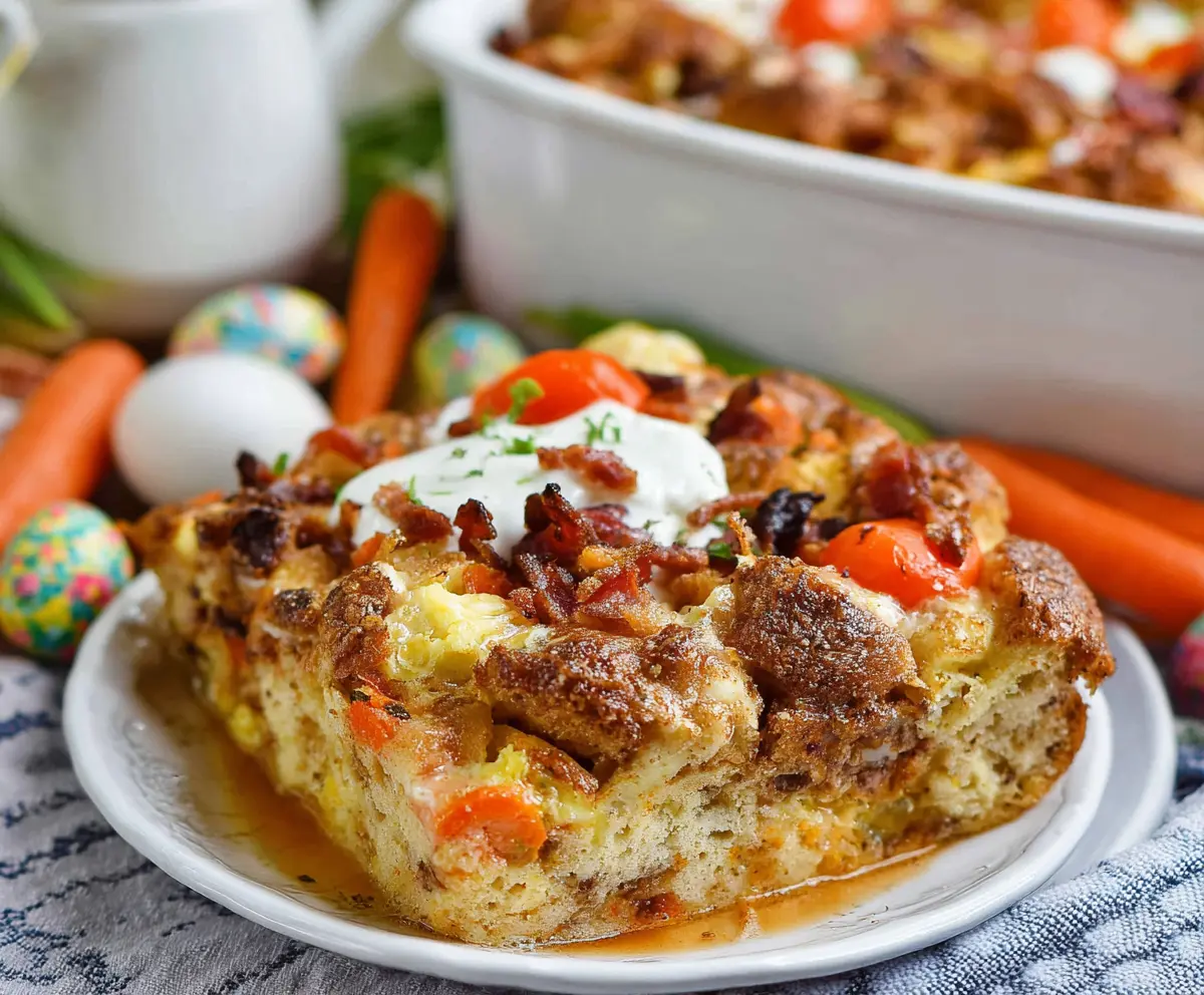 Delicious Easter Breakfast Bake with eggs, cheese, and ham in a baking dish