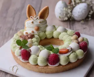 Easter Bunny Cream Tart decorated with colorful pastel candies for a festive celebration.