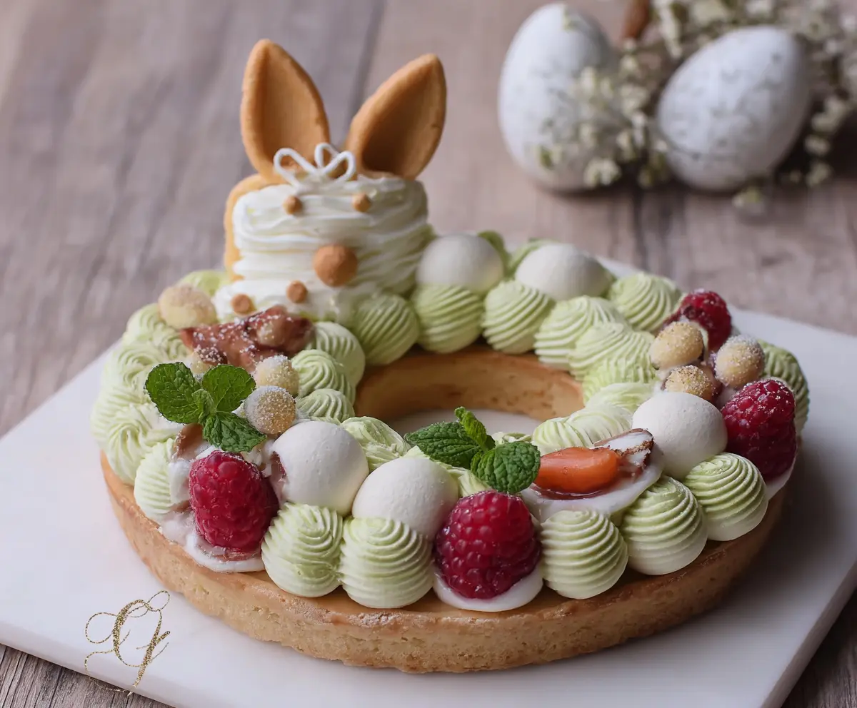 Easter Bunny Cream Tart decorated with colorful pastel candies for a festive celebration.