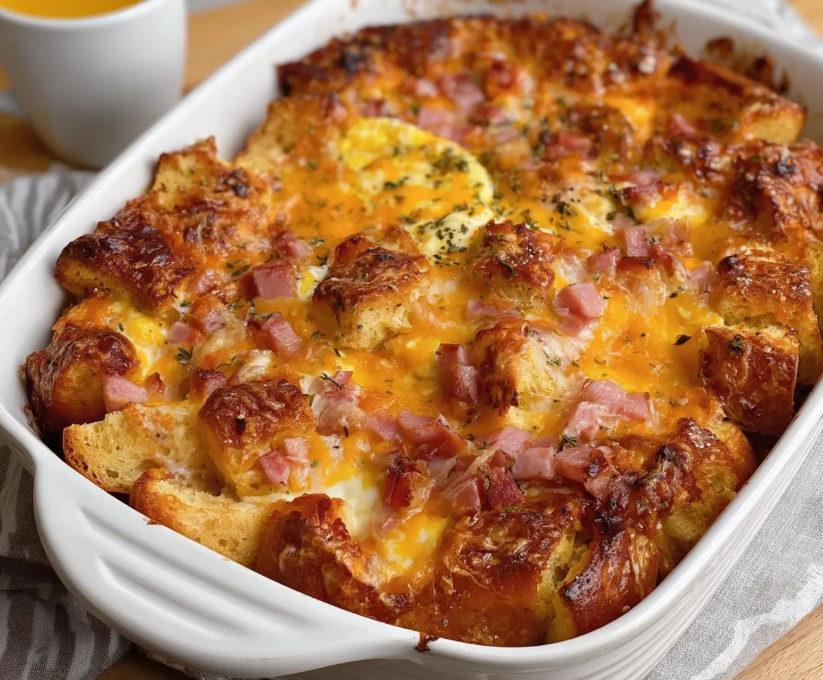 Delicious Easter Cheesy Ham and Egg Casserole with melted cheese and sliced ham in a baking dish.