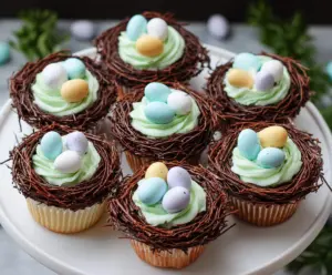 Decorative Easter Egg Nest Cupcakes with colorful candies and spring-themed toppings.