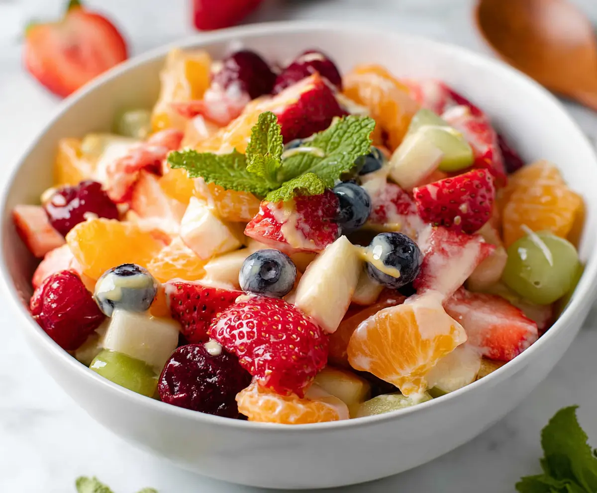 Colorful Easter Fruit Salad with fresh strawberries, grapes, and pineapple in a decorative bowl