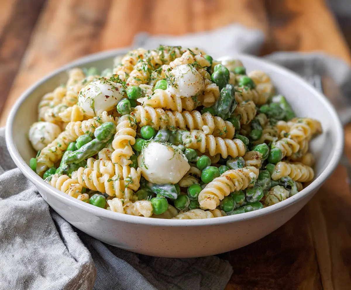Refreshing English Pea Pasta Salad with fresh vegetables and herbs