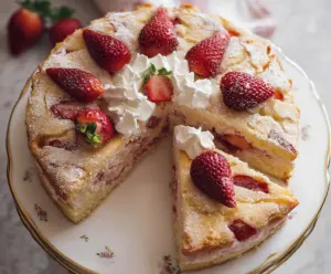 Delicious French strawberry cake with fresh strawberries and creamy frosting on a decorative plate