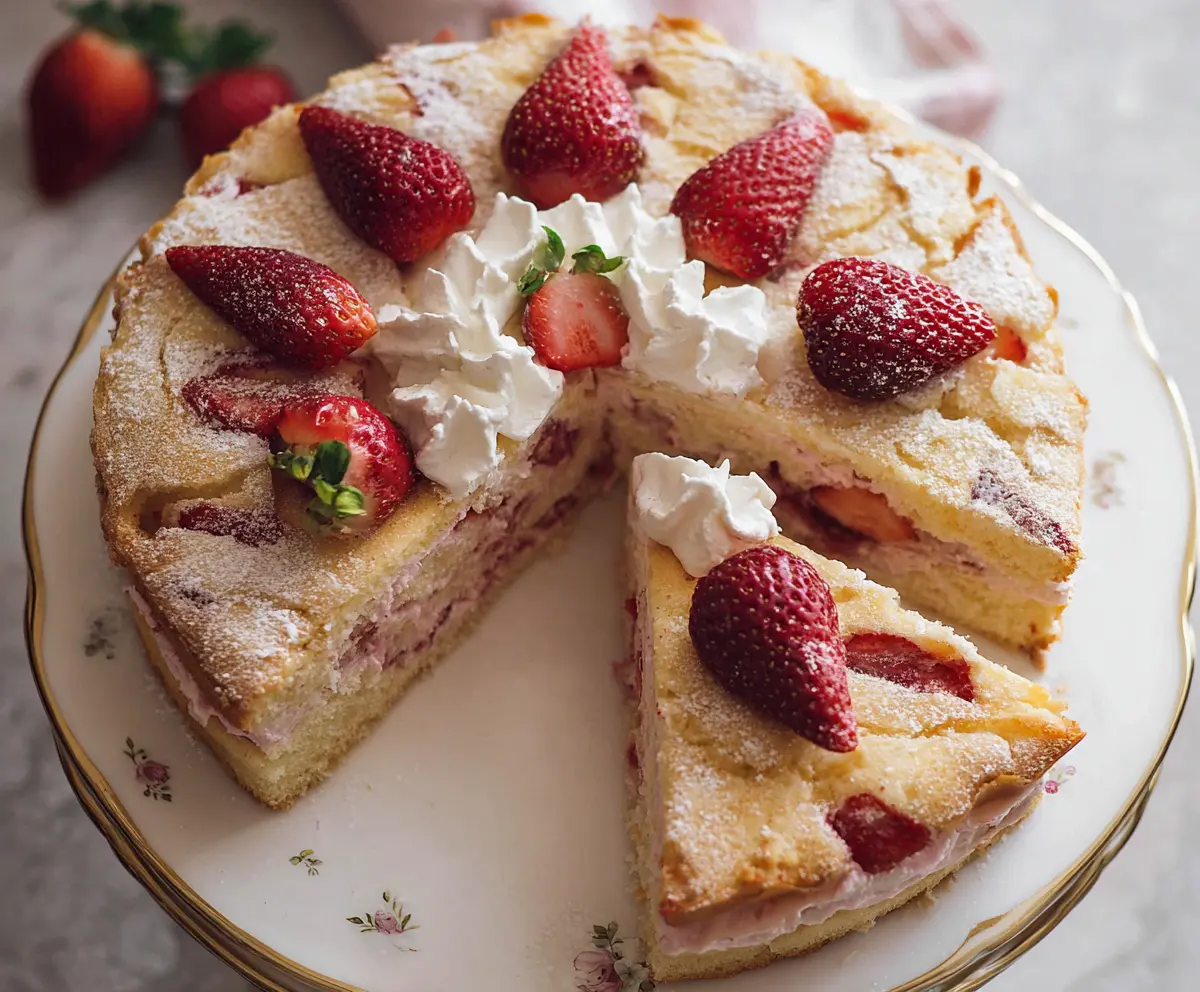 Delicious French strawberry cake with fresh strawberries and creamy frosting on a decorative plate