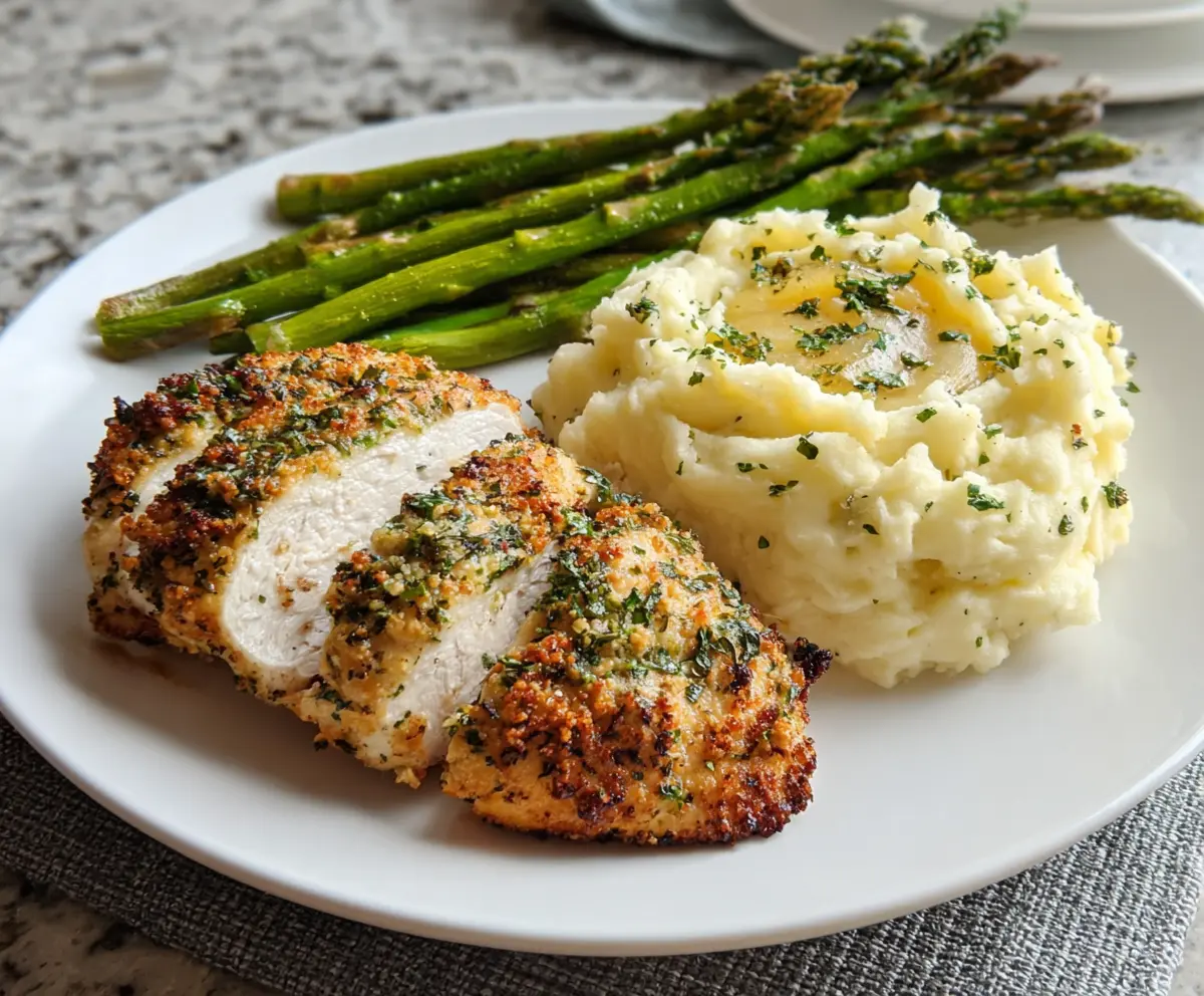 Delicious garlic herb chicken served with creamy mashed potatoes and roasted asparagus on a dinner plate.