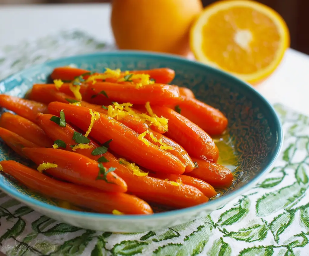 Bright glazed carrots with orange and ginger, served as a flavorful side dish.