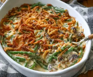Delicious green bean casserole garnished with crispy fried onions on a white serving dish.