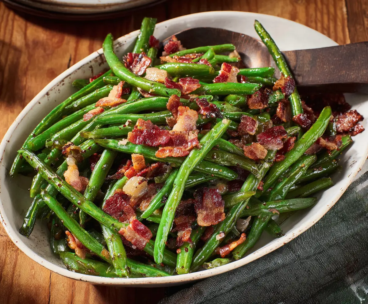 Delicious green beans cooked with crispy bacon, perfect for a flavorful side dish.