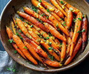 Delicious honey garlic roasted carrots served on a platter, showcasing caramelized edges and vibrant orange color.