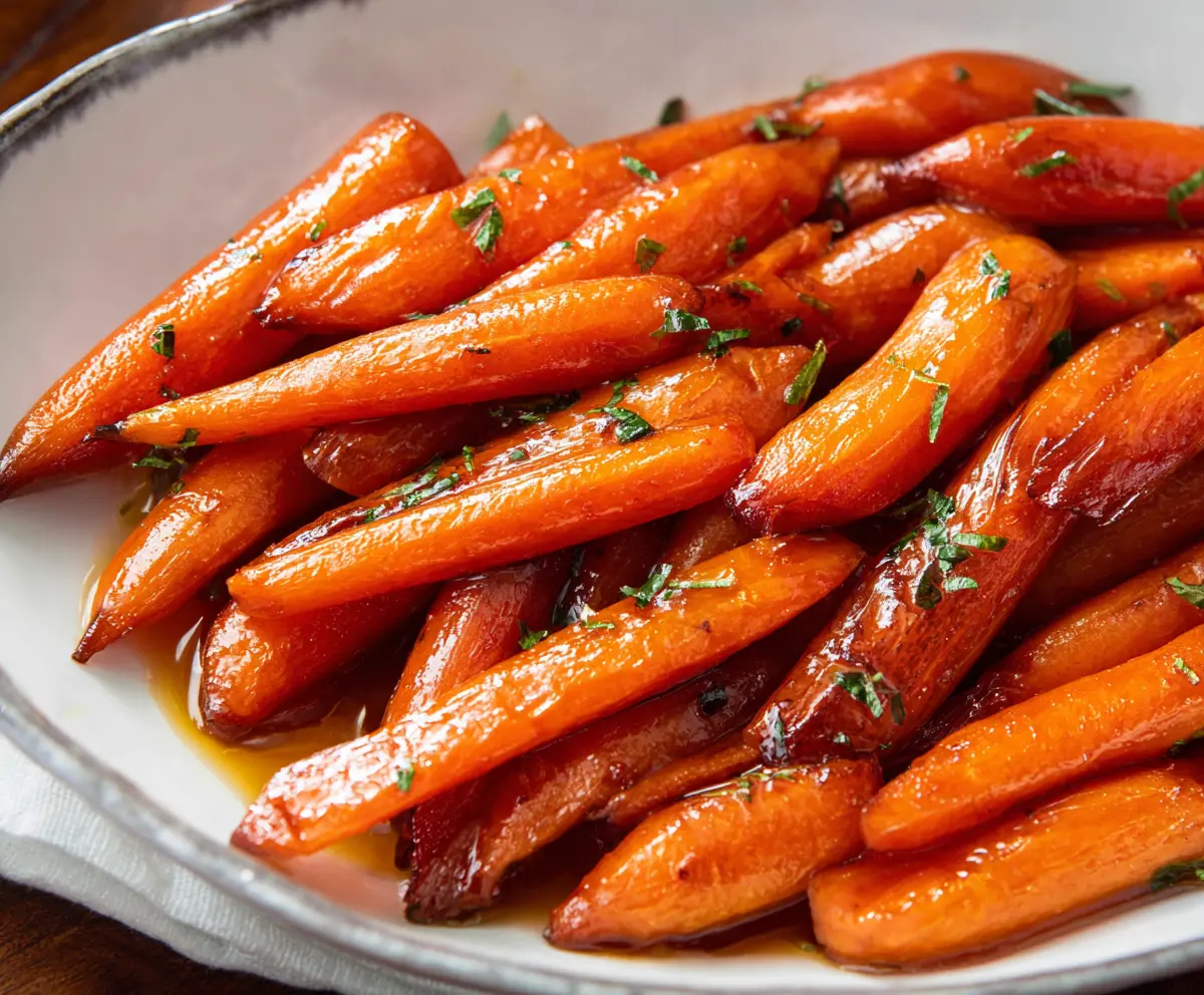 Delicious honey glazed carrots served on a white plate, showcasing a sweet and glossy appearance perfect for a healthy side dish.