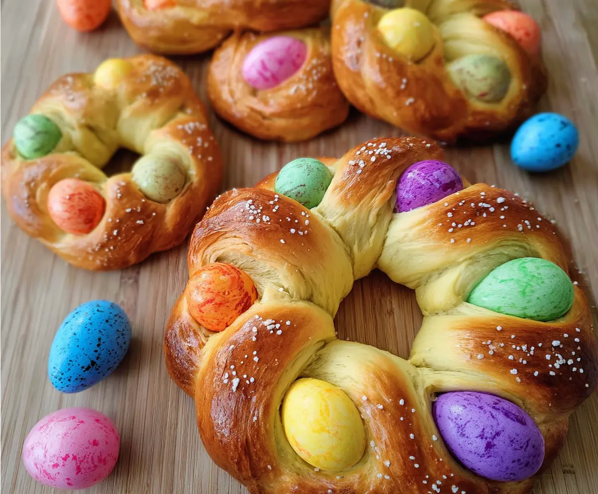 Festive Italian Easter bread decorated with colorful eggs for celebrating Easter.