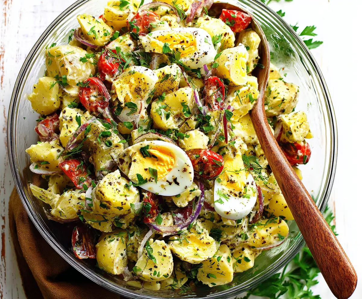 Italian Easter Potato Salad with fresh herbs and colorful vegetables