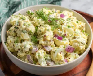 Keto cauliflower potato salad served in a bowl, garnished with herbs for a low-carb, healthy meal.