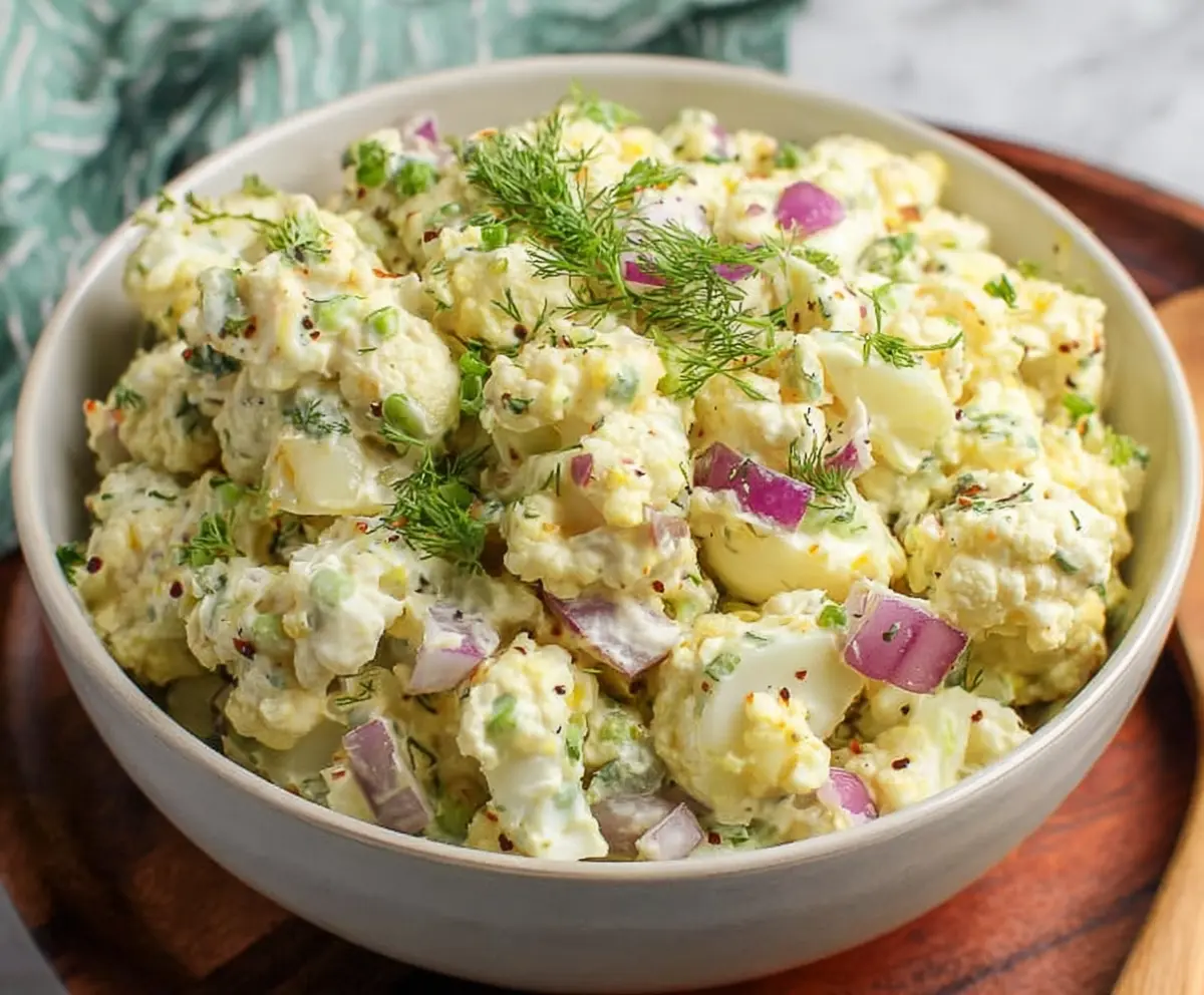 Keto cauliflower potato salad served in a bowl, garnished with herbs for a low-carb, healthy meal.