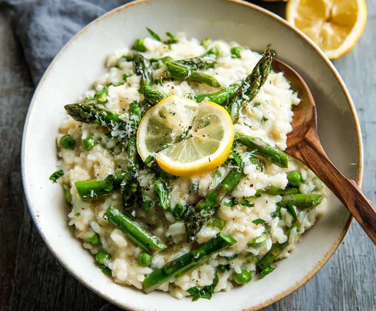 Creamy Lemon Asparagus Risotto served in a bowl with fresh herbs and lemon slices.
