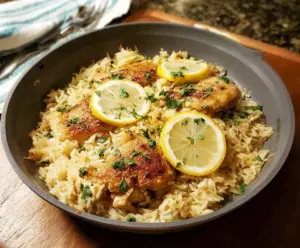 Delicious lemon chicken served with fluffy rice, freshly cooked and garnished with lemon slices.