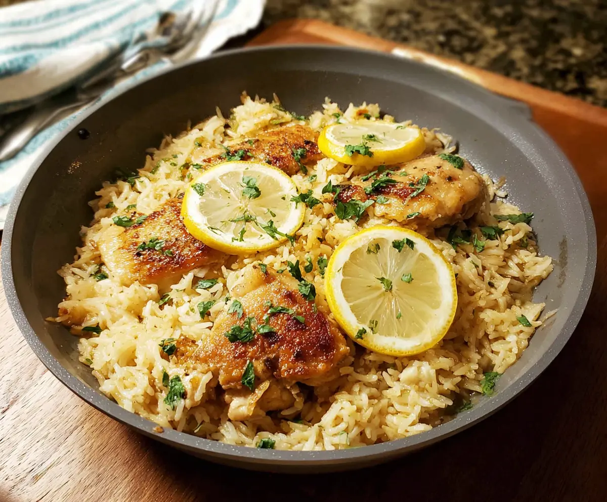 Delicious lemon chicken served with fluffy rice, freshly cooked and garnished with lemon slices.