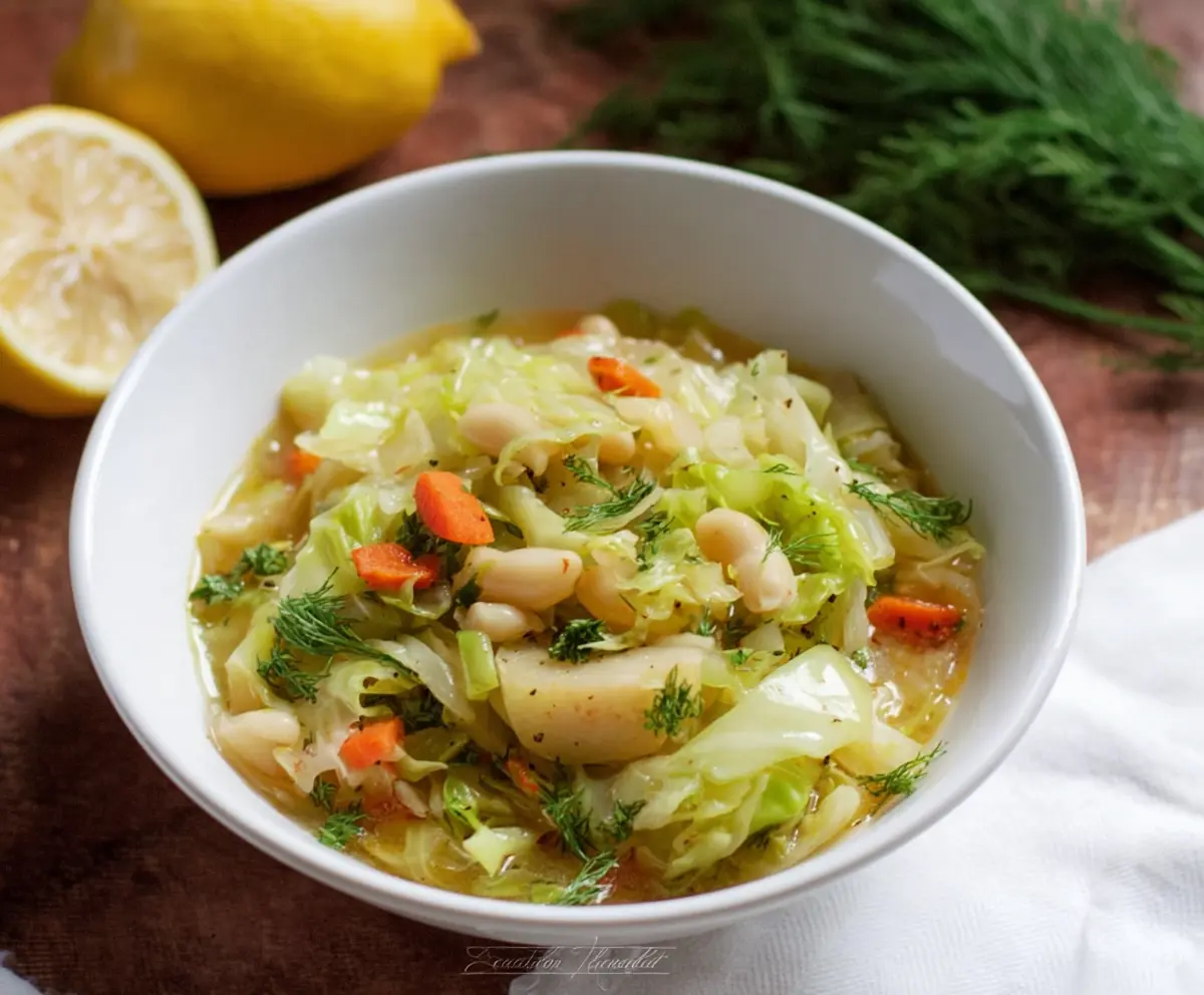 Refreshing Lemon Dill Cabbage Soup in a bowl, with fresh dill and lemon slices on top