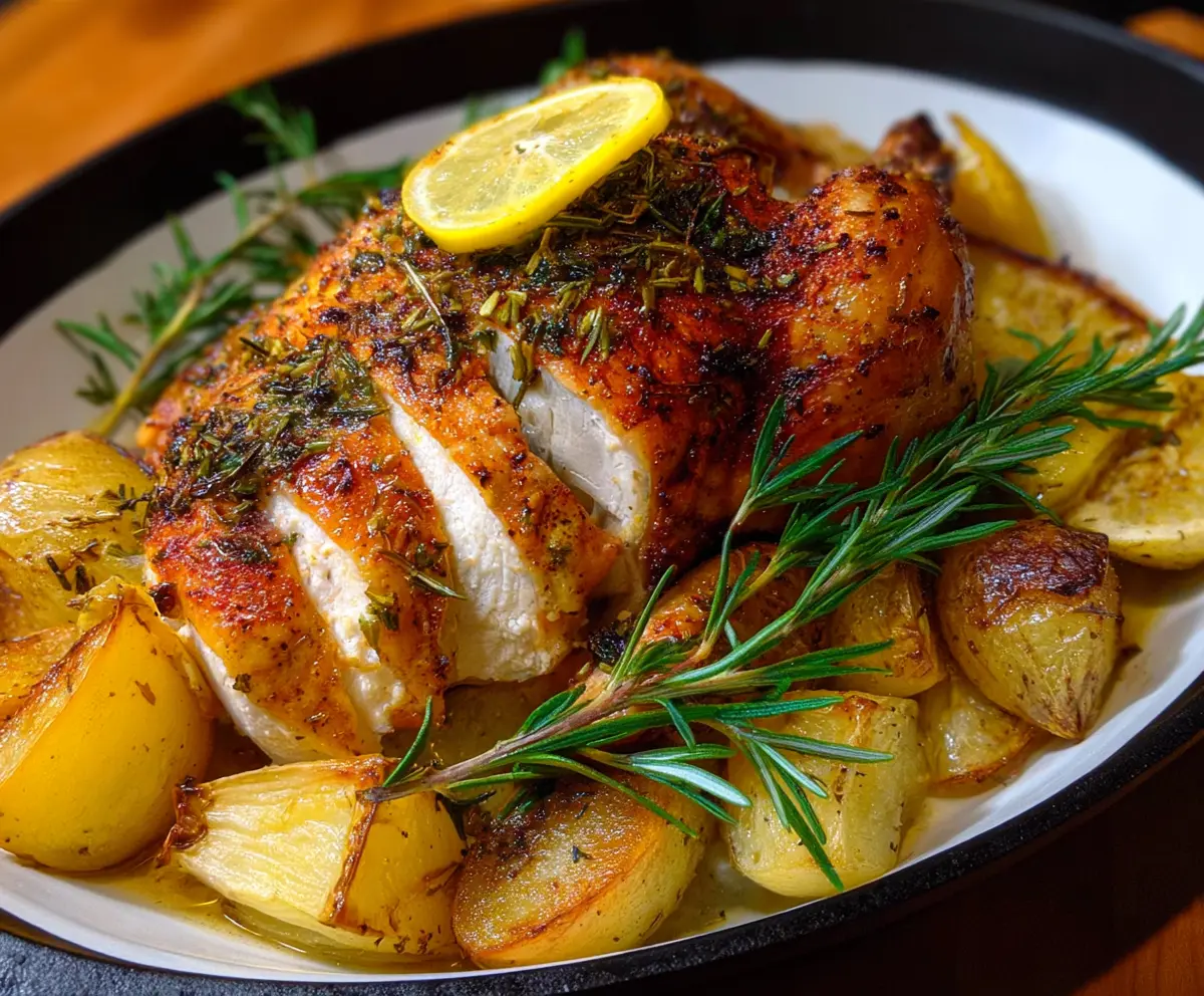 Juicy Lemon Herb Roasted Chicken served on a platter with fresh herbs and lemon slices.