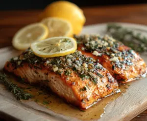 Delicious Lemon Herb Salmon fillet garnished with fresh herbs on a white plate.