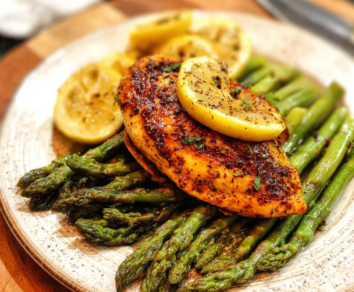 Juicy lemon pepper chicken served with fresh roasted asparagus on a white plate.