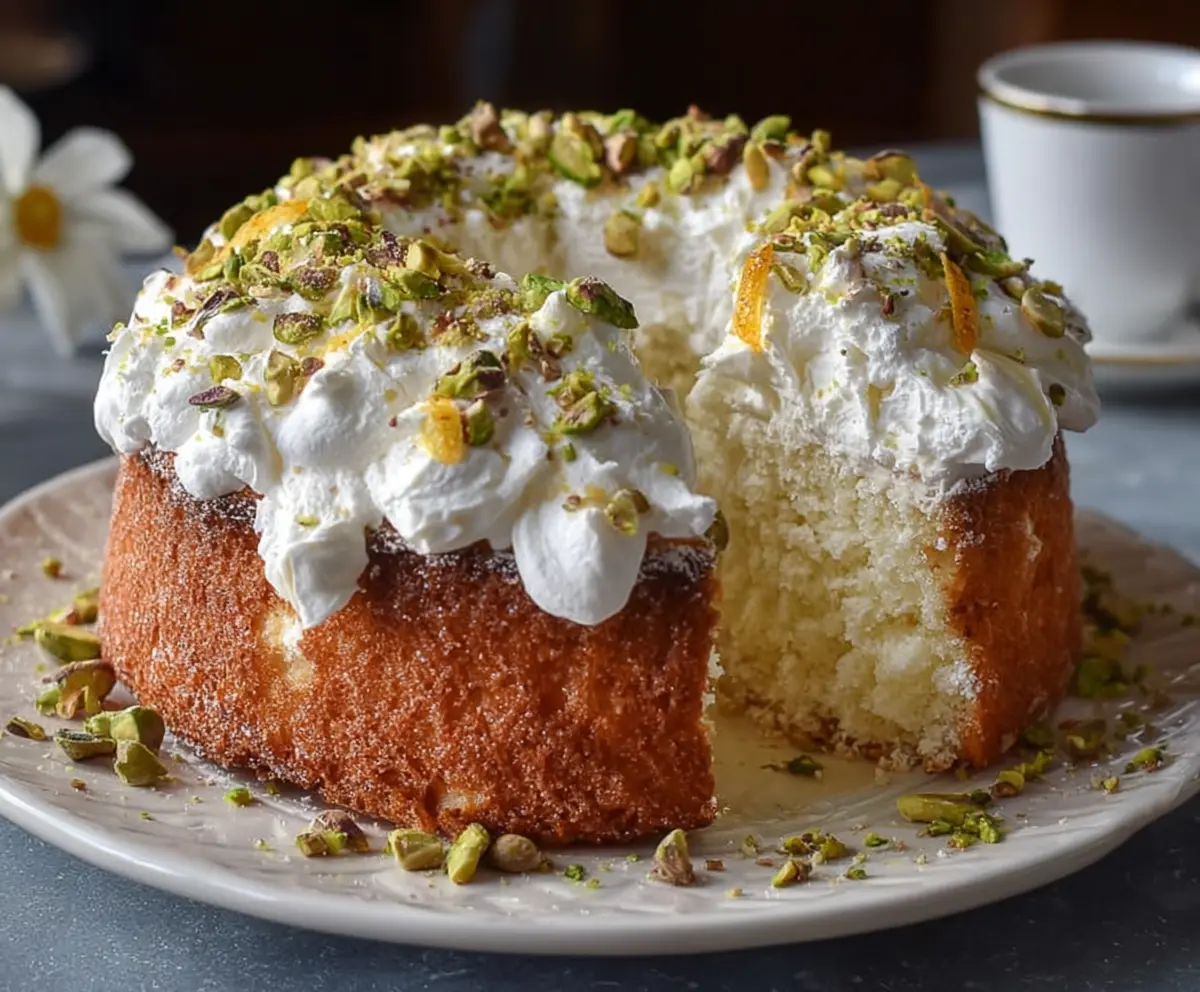 Delicious Lemon Pistachio Ricotta Cloud Cake with fresh lemon slices and pistachio toppings.