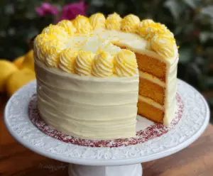 Delicious Lemon Velvet Cake with creamy frosting and fresh lemon slices.