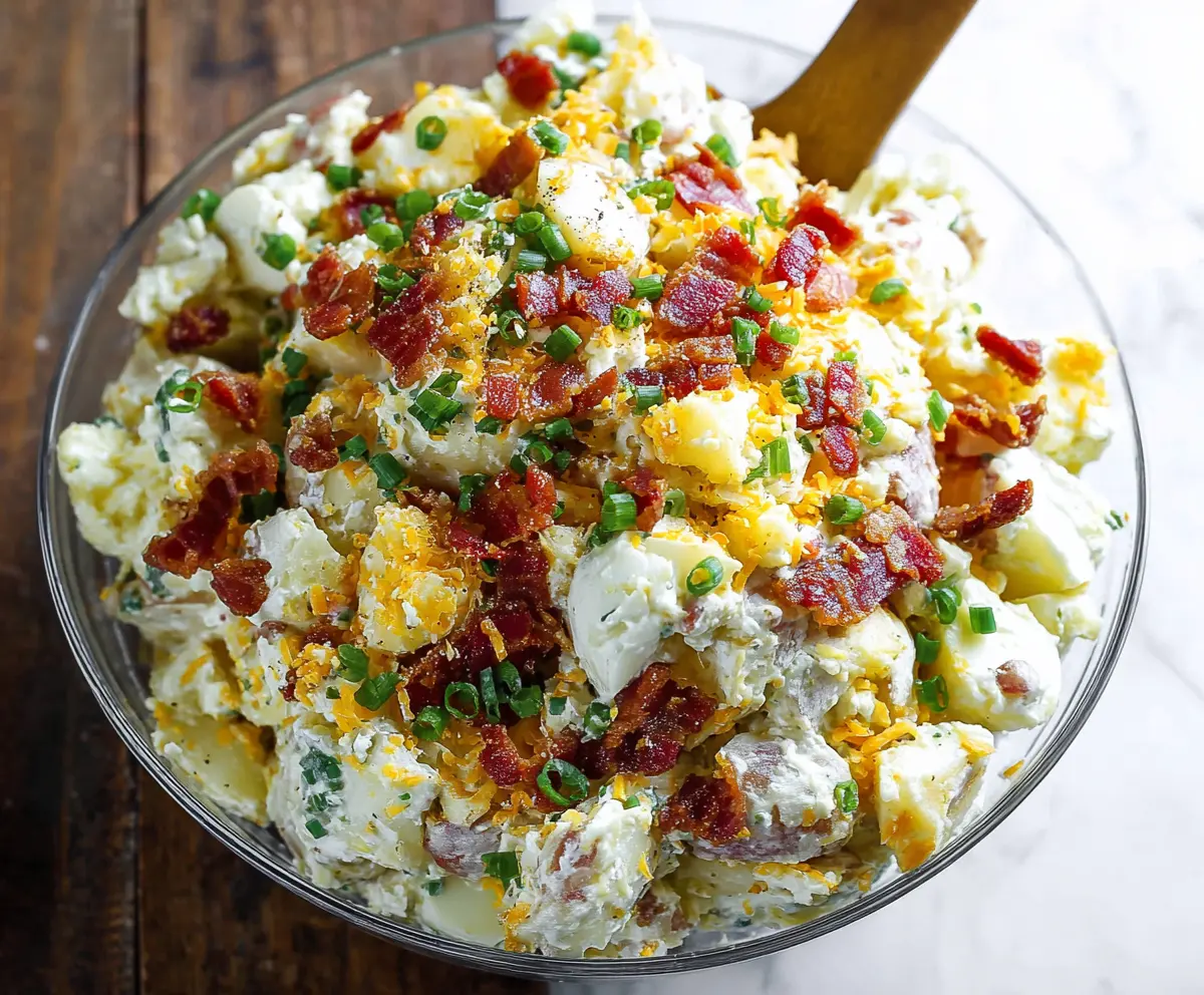 Creamy loaded potato salad with bacon, cheese, and scallions served in a bowl