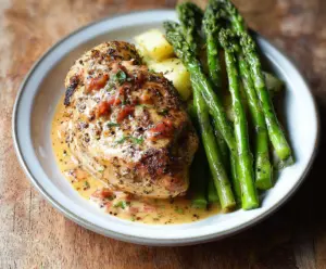 Delicious Marry Me Chicken served with fresh asparagus on a white plate, garnished with herbs