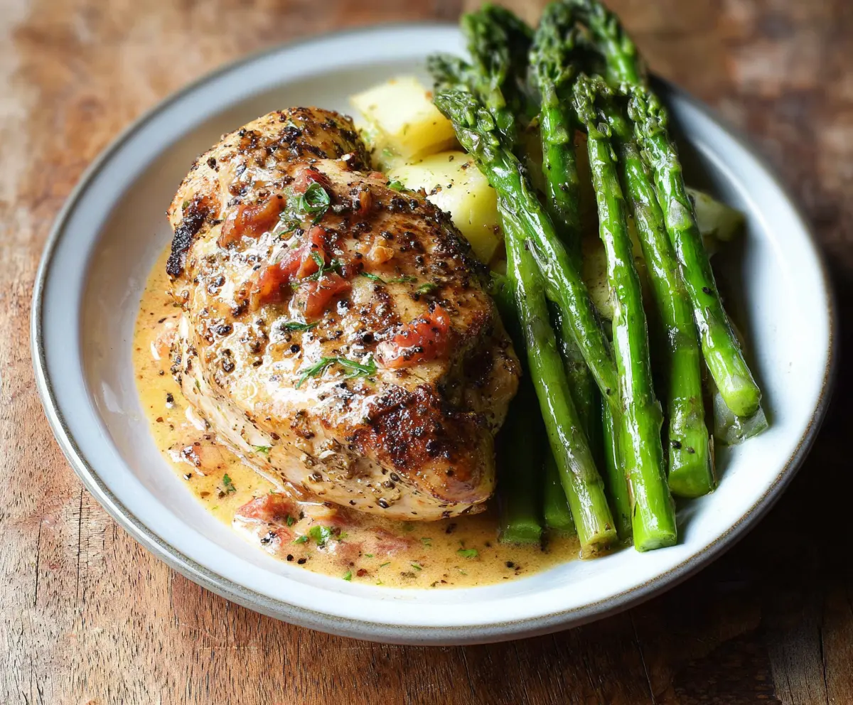 Delicious Marry Me Chicken served with fresh asparagus on a white plate, garnished with herbs