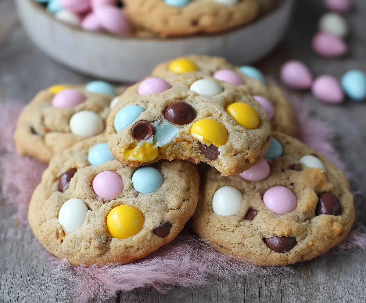 Delicious Mini Egg Cookies with colorful chocolate eggs on top, perfect for Easter treats