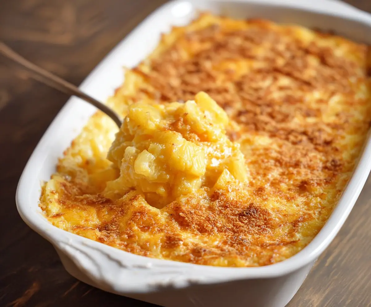 Delicious Pineapple Cheese Casserole topped with golden melted cheese and fresh pineapple pieces.