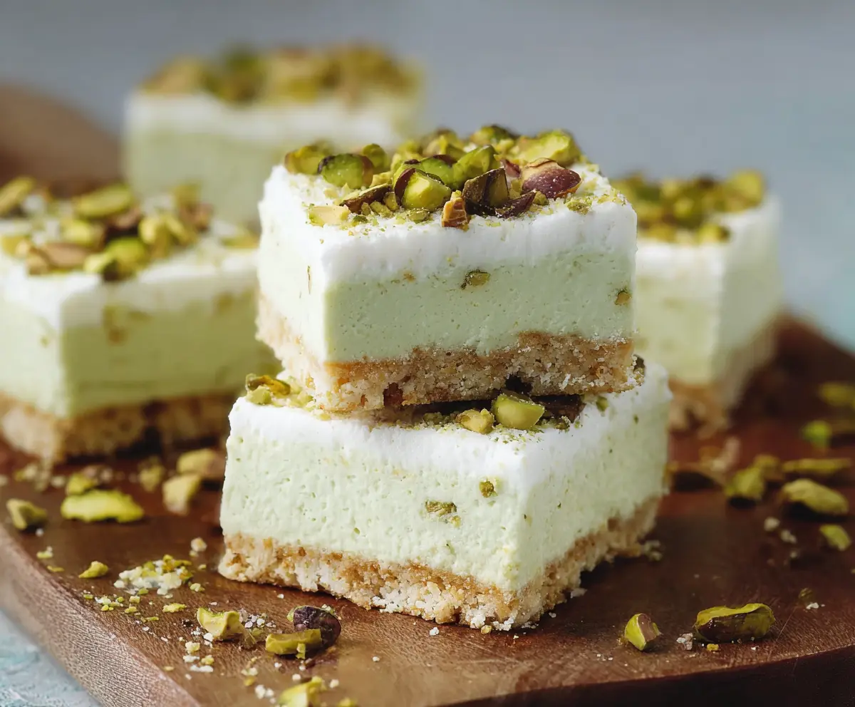 Delicious pistachio cream bars topped with chopped pistachios on a white plate