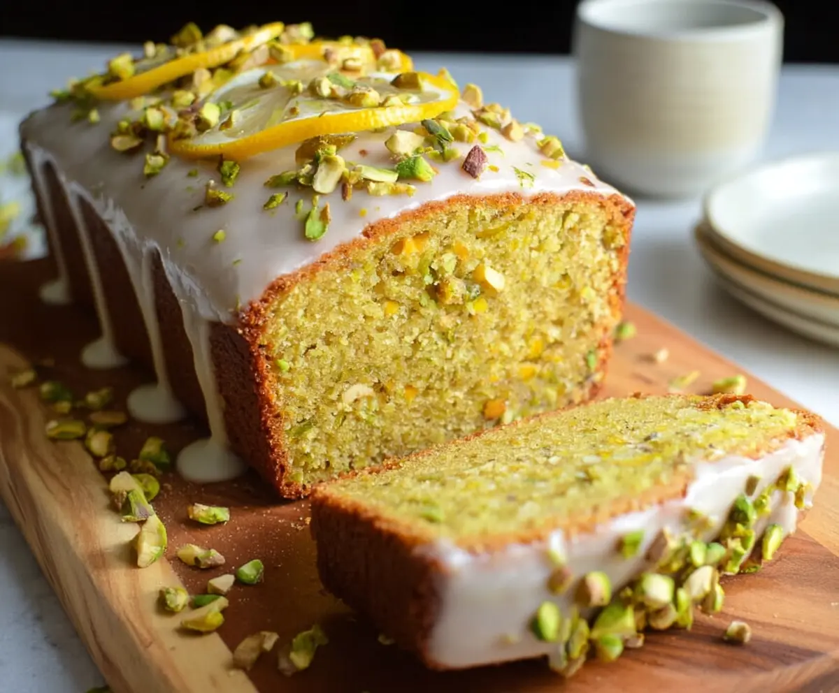 Delicious Pistachio Lemon Pound Cake topped with fresh lemon slices and crushed pistachios.