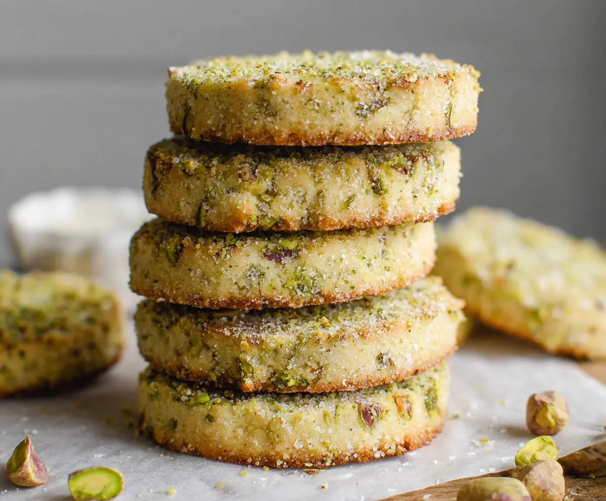 Delicious pistachio shortbread cookies with a golden-brown crust and chopped pistachios on top.