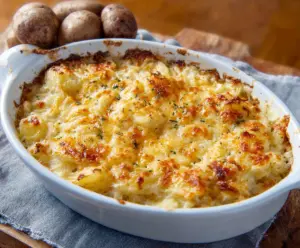 Creamy Potatoes Romanoff with melted cheese and herbs on a serving plate