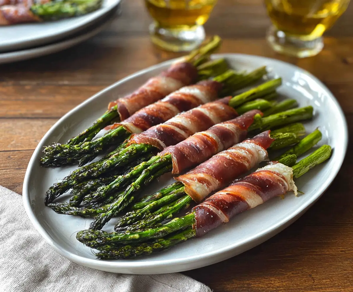 Delicious prosciutto-wrapped asparagus spears, perfect for appetizers and parties.