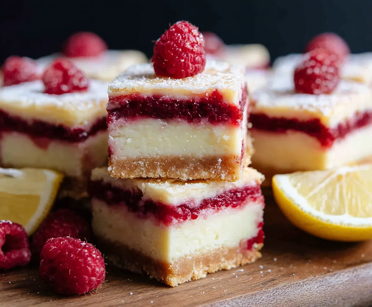 Delicious Raspberry Lemon Cheesecake Bars with fresh raspberries and a zesty lemon topping