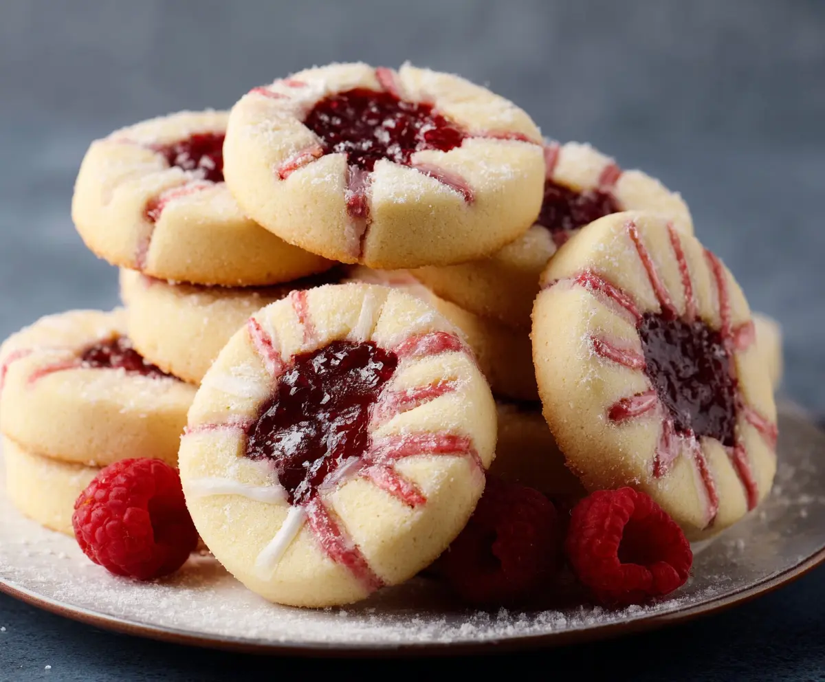 Delicious raspberry shortbread cookies with a golden-brown crust and fresh raspberry filling.