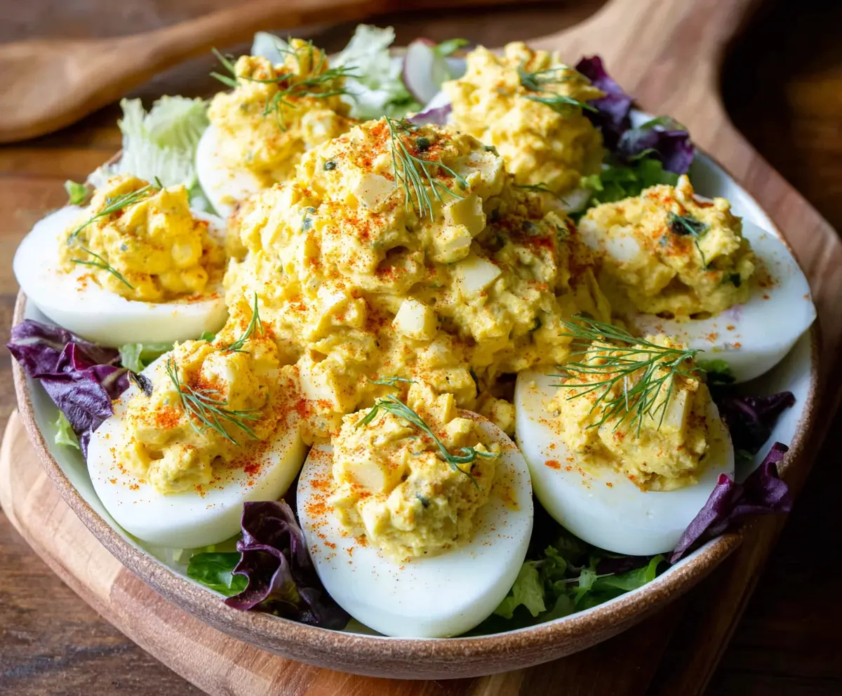 Delicious Salad Deviled Eggs recipe displayed on a plate with fresh ingredients.